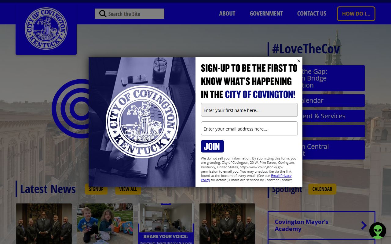 City of Covington website showing local government and court information
