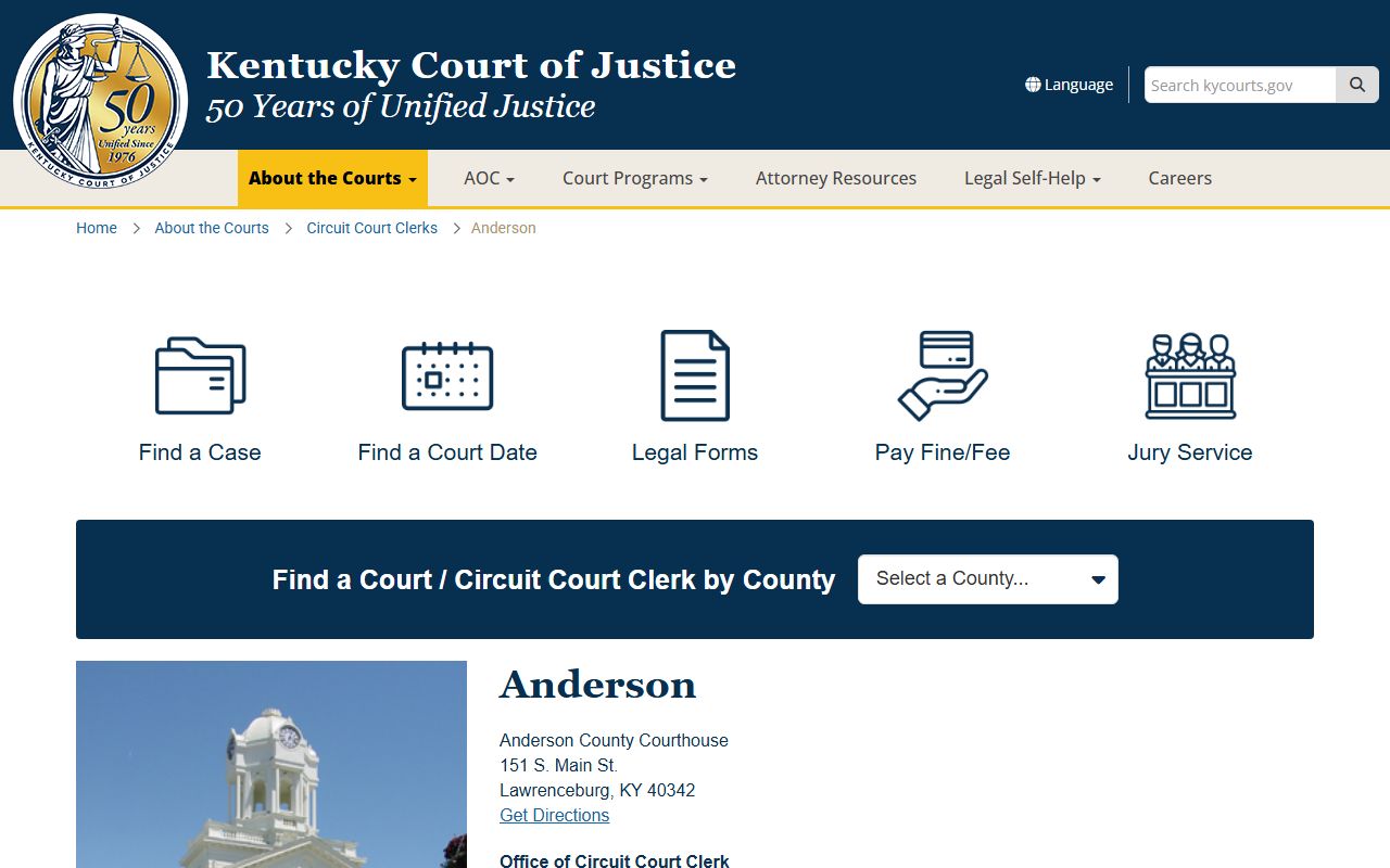 Anderson County court information page showing Family Court Records access