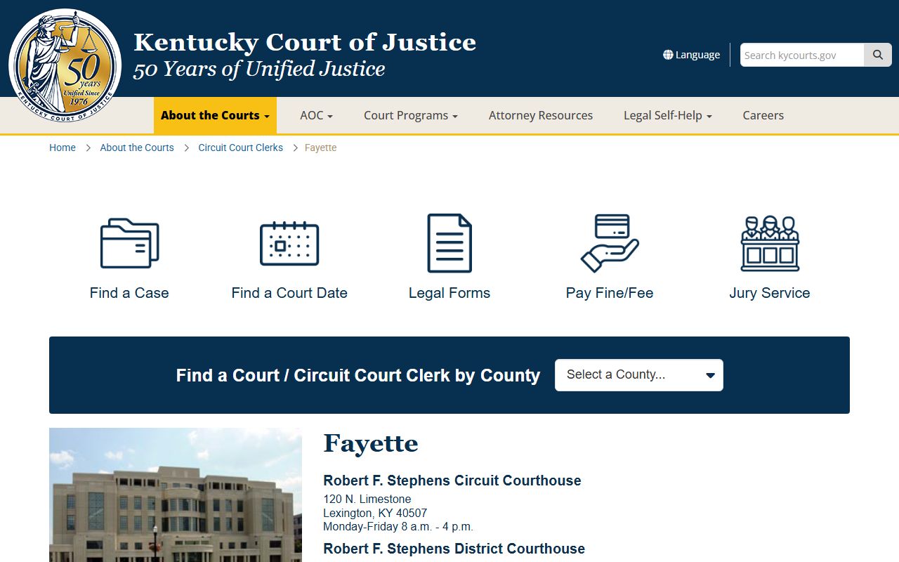 Fayette County information page showing Lexington Family Court Records access