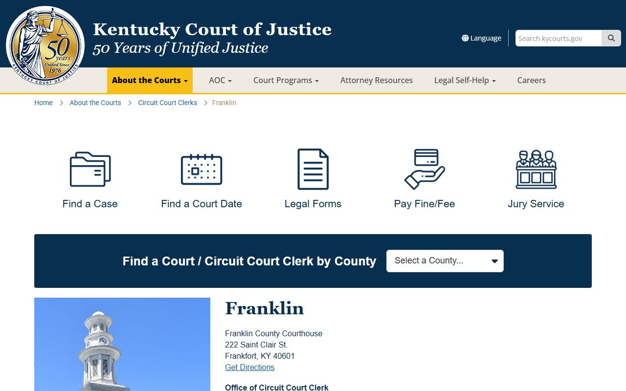 Franklin County court information page with contact details