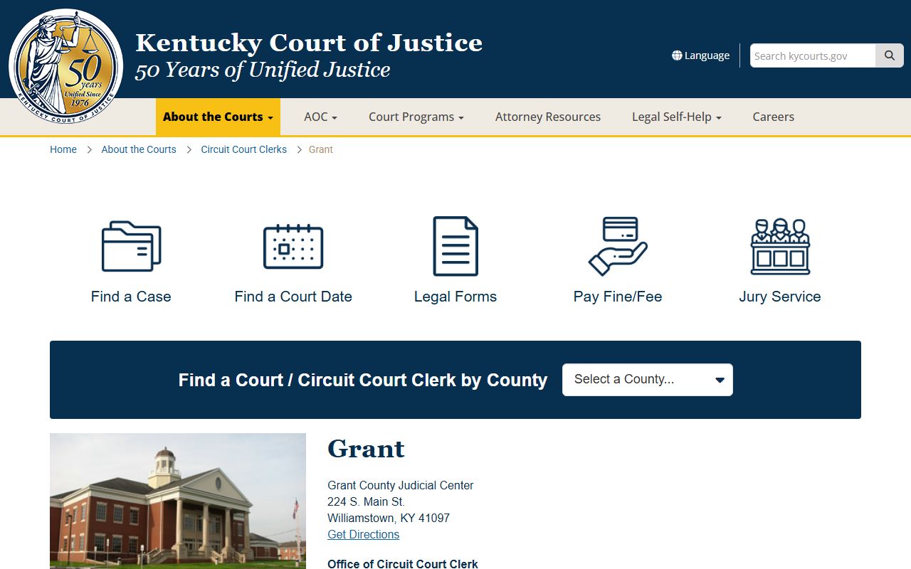Grant County court information page showing Family Court Records access
