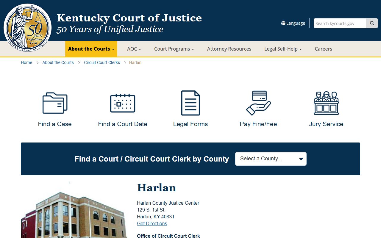 Harlan County court information page showing Family Court Records access