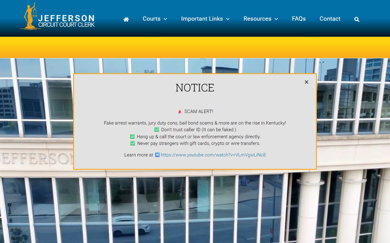 Jefferson County Circuit Court Clerk homepage for Louisville Family Court Records access