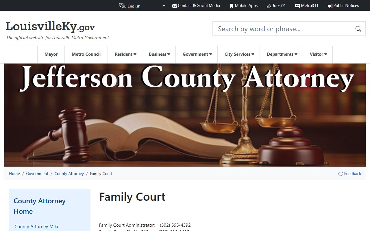 Louisville County Attorney Family Court page showing services for Louisville Family Court Records