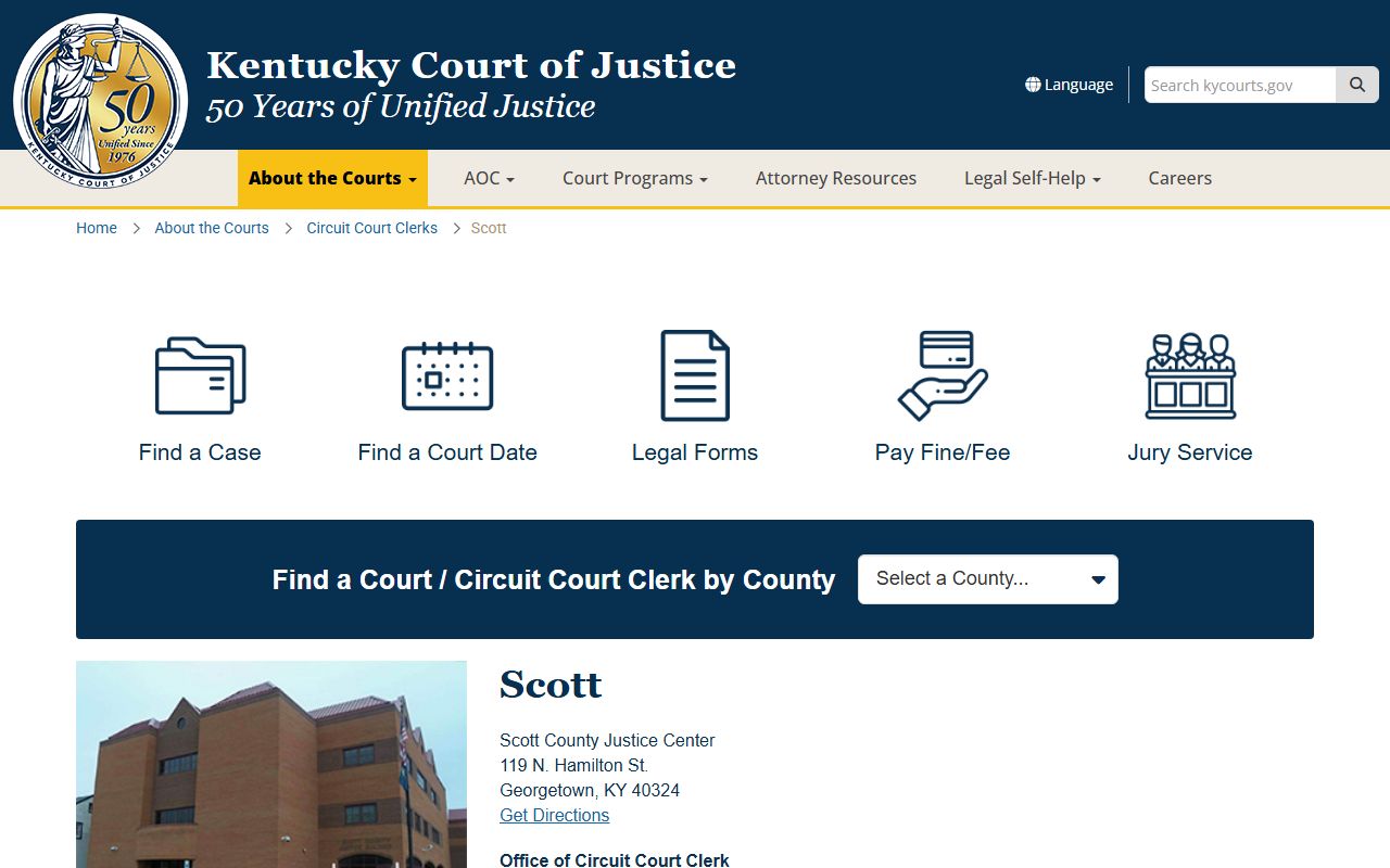 Scott County information page showing Georgetown Family Court access