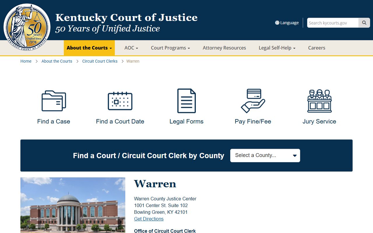 Warren County information page showing Bowling Green Family Court Records access