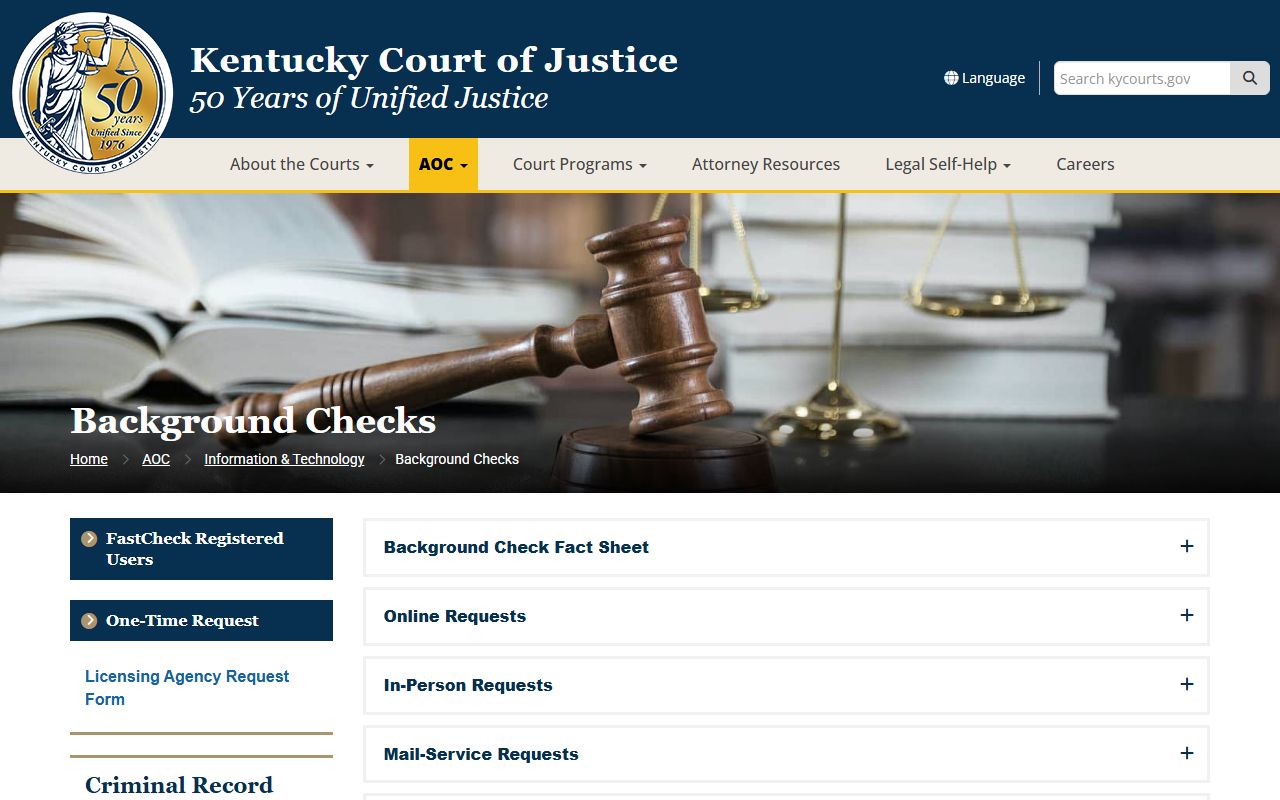 Kentucky background check services page showing fees and request options