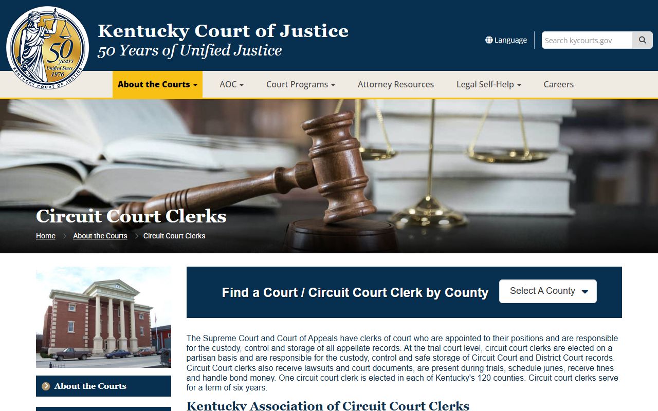 Kentucky Circuit Court Clerks directory showing contact information for all counties