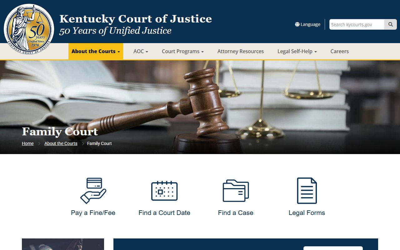 Kentucky Family Court Division information page showing case types handled