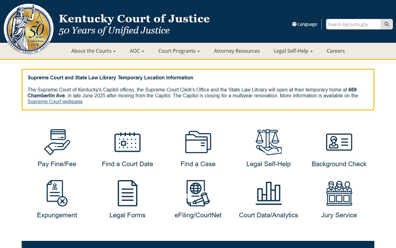 Kentucky Court of Justice homepage providing access to Family Court Records