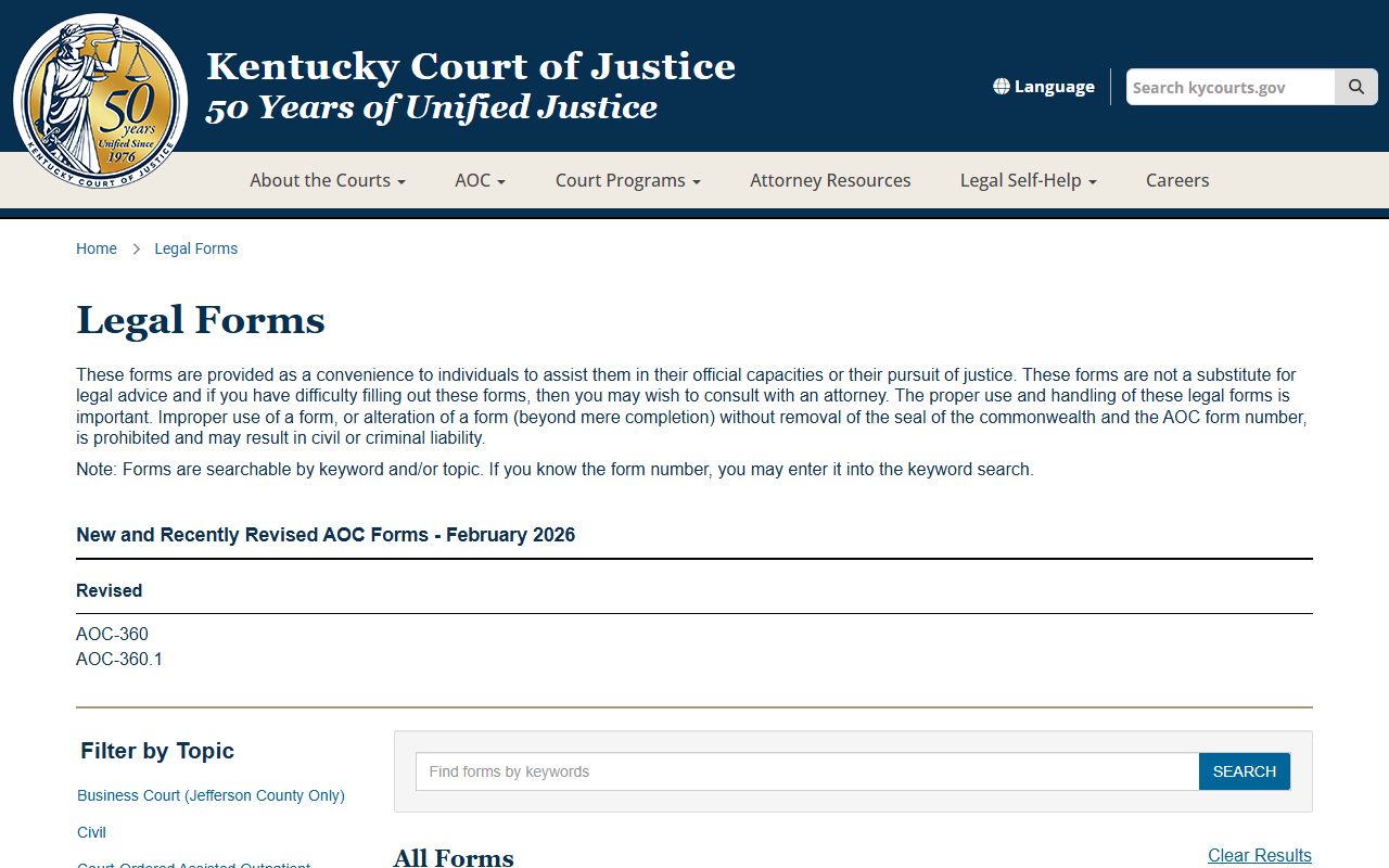 Kentucky Legal Forms Library showing family court document templates