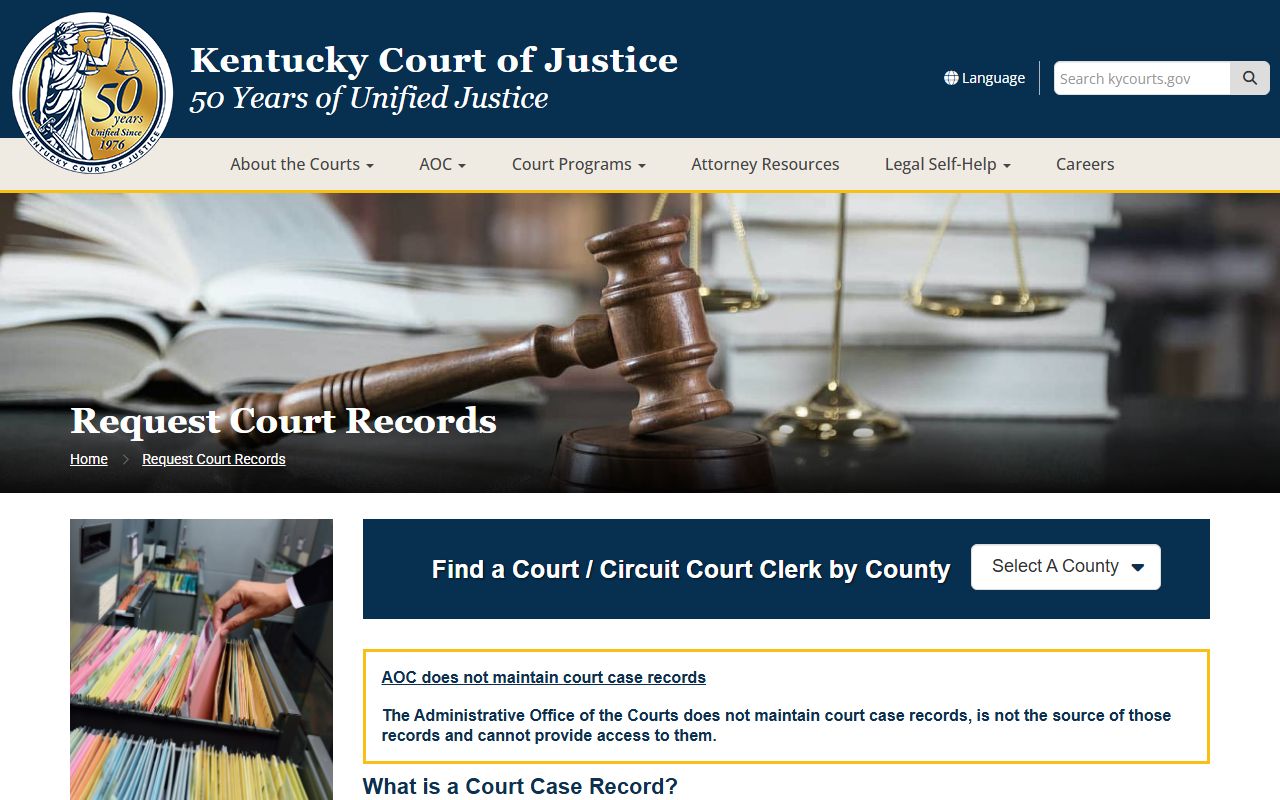 Kentucky court records request page with forms and instructions